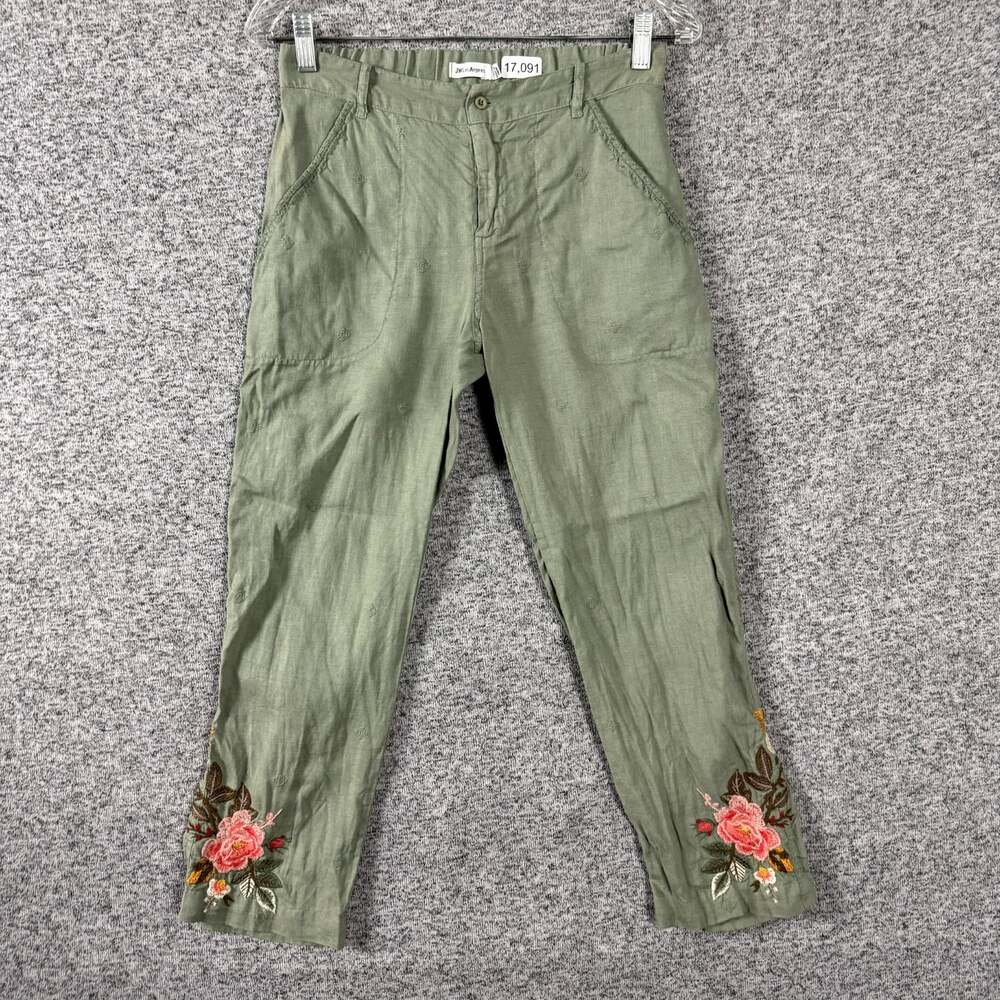 Johnny Was LA Women's Size XS Green Embroidered Linen Slim Straight Crop Pants